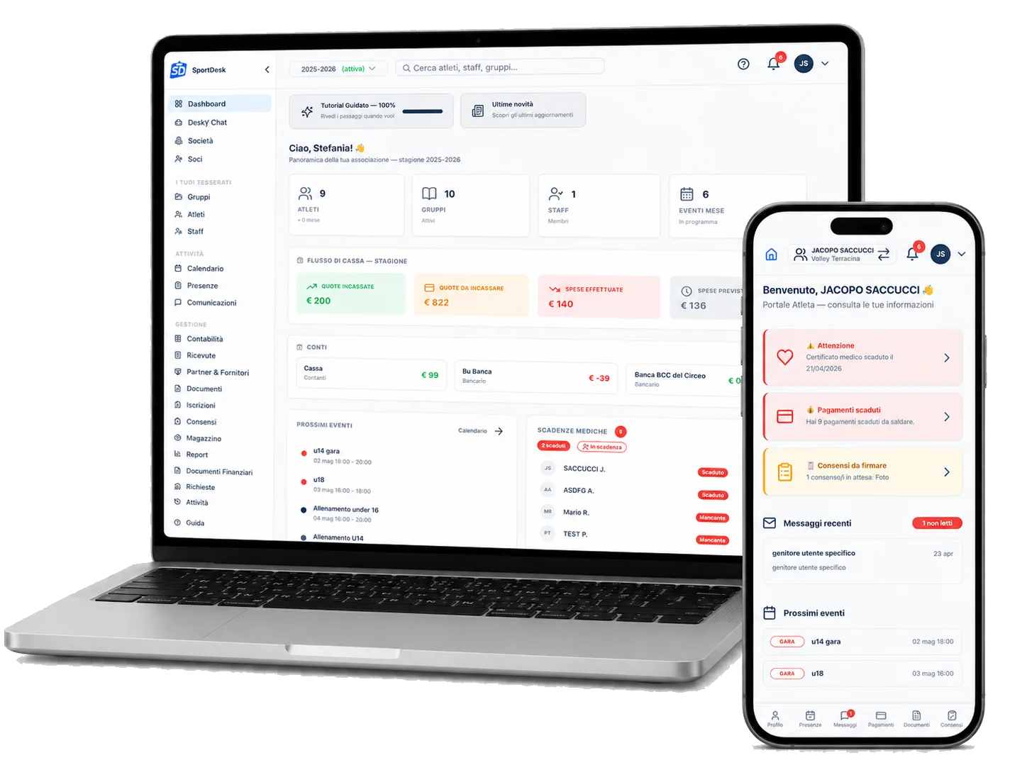 Dashboard di SportDesk, gestionale per società sportive